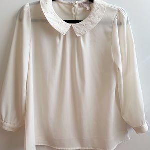 Sheer Ivory Blouse with an Embellished Collar